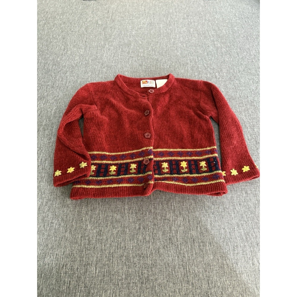 Vintage McKids McDonald's Knit Embroidered Red Floral Cardigan Sweater Sz 2T